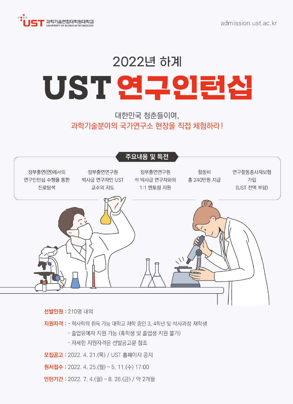  •UST 과학기술연합대학원대학교 UNIVERSITY OF SCIENCE & TECHNOLOGY admission.ust.ac.kr 2022년 하계 UST 연구인턴십 대한민국 청춘들이여, 과학기술분야의 국가연구소 현장을 직접 체험하라! 주요내용 및 특전 정부출연(연)에서의 연구인턴십 수행을 통한 진로탐색 정부출연연구원 박사급 연구자인 UST 교수의 지도 정부출연연구원 석박사급 연구자와의 1:1멘토링 지원 활동비 총 240만원 지급 연구활동종사자보험 가입 (UST 전액 부담) 선발인원: 210명 내외 지원자격: - 학사학위 취득 가능 대학교 재학 중인 3, 4학년 및 석사과정 재학생 -졸업유예자 지원 가능 (휴학생 및 졸업생 지원 불가) -자세한 지원자격은 선발공고문 참조 모집공고: 2022. 4. 21.(목)/ UST 홈페이지 공지 원서접수: 2022. 4. 25.(월) ~ 5. 11.(수) 17:00 인턴기간: 2022. 7. 4.(월) ~ 8. 26.(금) / 약 2개월 