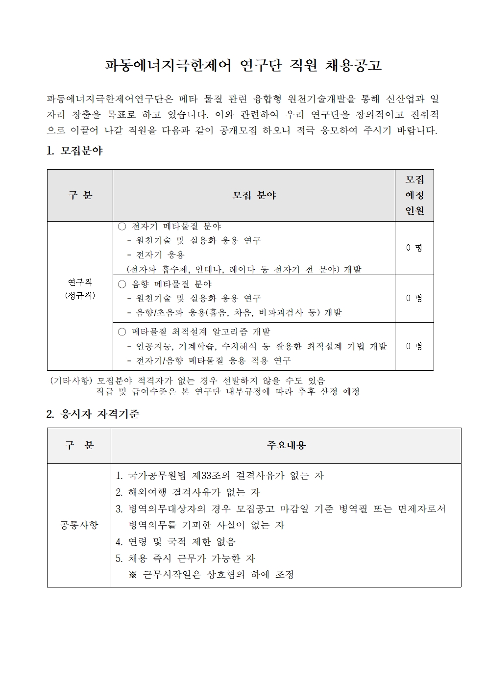 파동에너지극한제어 연구단 직원 채용공고파동에너지극한제어연구단은 메타 물질 관련 융합형 원천기술개발을 통해 신산업과 일자리 창출을 목표로 하고 있습니다. 이와 관련하여 우리 연구단을 창의적이고 진취적으로 이끌어 나갈 직원을 다음과 같이 공개모집 하오니 적극 응모하여 주시기 바랍니다. 1. 모집분야 (기타사항) 모집분야 적격자가 없는 경우 선발하지 않을 수도 있음 직급 및 급여수준은 본 연구단 내부규정에 따라 추후 산정 예정 2. 응시자 자격기준 구 분 주요내용 공통사항 1. 국가공무원법 제33조의 결격사유가 없는 자 2. 해외여행 결격사유가 없는 자 3. 병역의무대상자의 경우 모집공고 마감일 기준 병역필 또는 면제자로서 3. 병역의무를 기피한 사실이 없는 자 4. 연령 및 국적 제한 없음 5. 채용 즉시 근무가 가능한 자 5. ※ 근무시작일은 상호협의 하에 조정 구 분 모집 분야 모집예정인원연구직 (정규직) ○ 전자기 메타물질 분야  - 원천기술 및 실용화 응용 연구  - 전자기 응용  (전자파 흡수체, 안테나, 레이다 등 전자기 전 분야) 개발 0 명 ○ 음향 메타물질 분야  - 원천기술 및 실용화 응용 연구  - 음향/초음파 응용(흡음, 차음, 비파괴검사 등) 개발 0 명 ○ 메타물질 최적설계 알고리즘 개발  - 인공지능, 기계학습, 수치해석 등 활용한 최적설계 기법 개발  - 전자기/음향 메타물질 응용 적용 연구 0 명