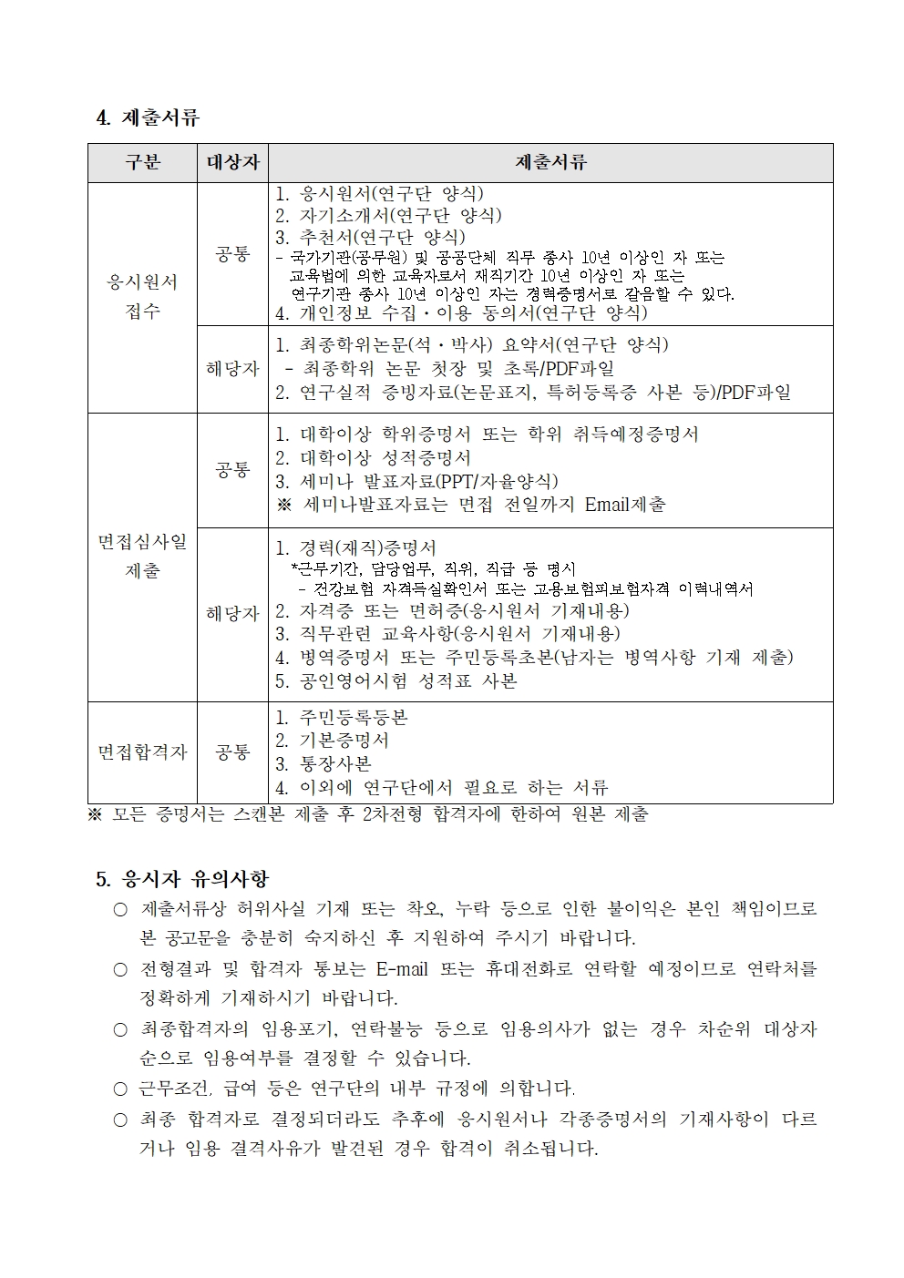 4. 제출서류 ※ 모든 증명서는 스캔본 제출 후 2차전형 합격자에 한하여 원본 제출  5. 응시자 유의사항  〇 제출서류상 허위사실 기재 또는 착오, 누락 등으로 인한 불이익은 본인 책임이므로 본 공고문을 충분히 숙지하신 후 지원하여 주시기 바랍니다. 〇 전형결과 및 합격자 통보는 E-mail 또는 휴대전화로 연락할 예정이므로 연락처를정확하게 기재하시기 바랍니다. 〇 최종합격자의 임용포기, 연락불능 등으로 임용의사가 없는 경우 차순위 대상자 순으로 임용여부를 결정할 수 있습니다. 〇 근무조건, 급여 등은 연구단의 내부 규정에 의합니다. 〇 최종 합격자로 결정되더라도 추후에 응시원서나 각종증명서의 기재사항이 다르거나 임용 결격사유가 발견된 경우 합격이 취소됩니다. 구분 대상자 제출서류 응시원서 접수 공통 1. 응시원서(연구단 양식) 2. 자기소개서(연구단 양식) 3. 추천서(연구단 양식) - 국가기관(공무원) 및 공공단체 직무 종사 10년 이상인 자 또는  교육법에 의한 교육자로서 재직기간 10년 이상인 자 또는  연구기관 종사 10년 이상인 자는 경력증명서로 갈음할 수 있다. 4. 개인정보 수집·이용 동의서(연구단 양식) 해당자 1. 최종학위논문(석·박사) 요약서(연구단 양식) - 최종학위 논문 첫장 및 초록/PDF파일 2. 연구실적 증빙자료(논문표지, 특허등록증 사본 등)/PDF파일면접심사일 제출 공통 1. 대학이상 학위증명서 또는 학위 취득예정증명서 2. 대학이상 성적증명서 3. 세미나 발표자료(PPT/자율양식) ※ 세미나발표자료는 면접 전일까지 Email제출 해당자 1. 경력(재직)증명서  *근무기간, 담당업무, 직위, 직급 등 명시  - 건강보험 자격득실확인서 또는 고용보험피보험자격 이력내역서 2. 자격증 또는 면허증(응시원서 기재내용) 3. 직무관련 교육사항(응시원서 기재내용) 4. 병역증명서 또는 주민등록초본(남자는 병역사항 기재 제출) 5. 공인영어시험 성적표 사본 면접합격자 공통 1. 주민등록등본 2. 기본증명서 3. 통장사본 4. 이외에 연구단에서 필요로 하는 서류