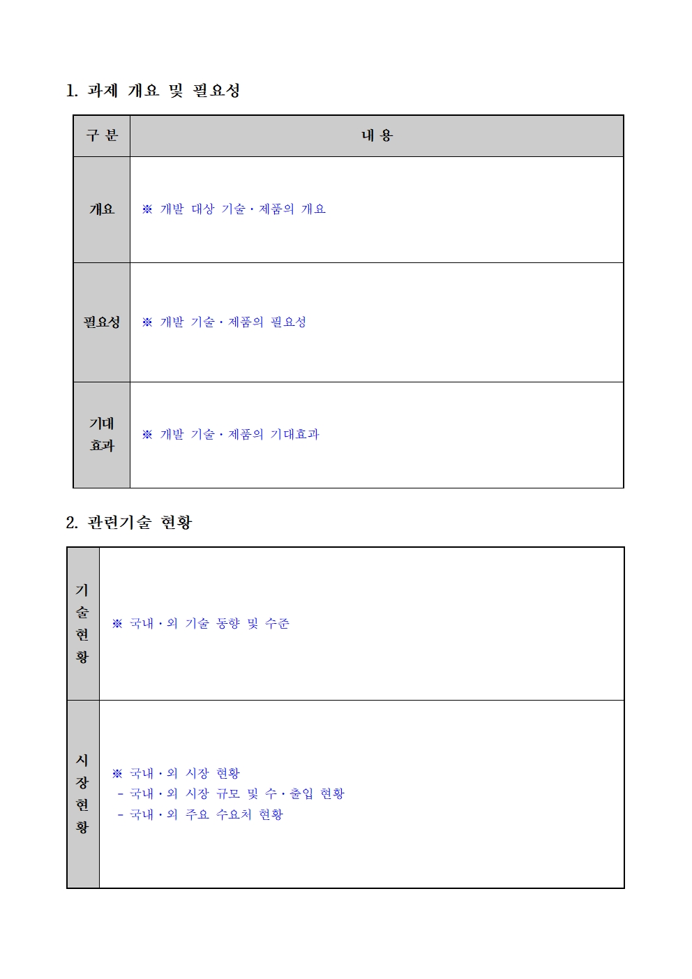 1. 과제 개요 및 필요성 구분 내용 개요 ※ 개발 대상 기술. 제품의 개요 필요성 ※ 개발 기술·제품의 필요성 기대효과 ※ 개발 기술·제품의 기대효과 2. 관련기술 현황 기술현황 ※ 국내 · 외 기술 동향 및 수준 시장현황 ※국내외 시장 현황 - 국내 · 외 시장 규모 및 수출입 현황 -국내 · 외 주요 수요처 현황