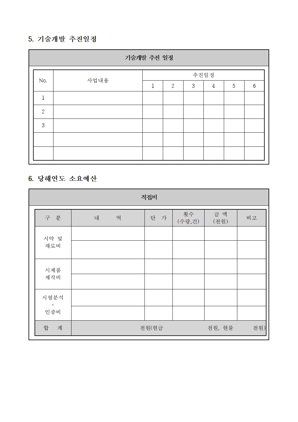 5. 기술개발 추진일정 기술개발 추진 일정 No. 사업내용 추진일정 1 2 3 4 5 6. 당해연도 소요예산 구분 내역 단가 횟수(수량,건) 금액(천원) 비고 시약및재료비 시제품제작비 시험분석 인증비 합계 천원(현금 천원, 현물 천원)