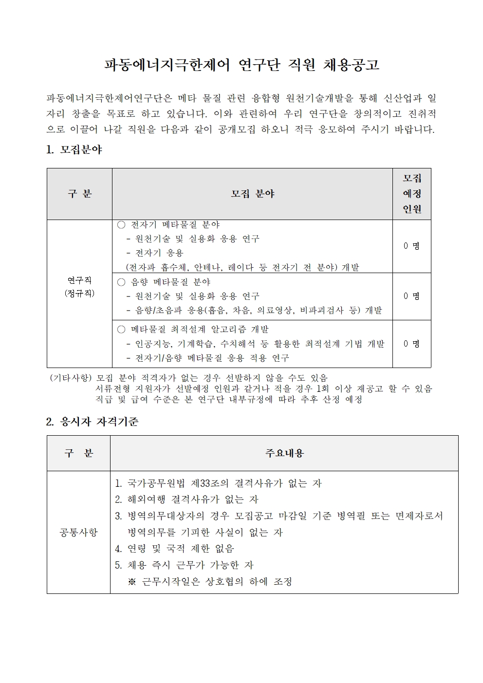 파동에너지극한제어 연구단 직원 채용공고    파동에너지극한제어연구단은 메타 물질 관련 융합형 원천기술개발을 통해 신산업과 일자리 창출을 목표로 하고 있습니다. 이와 관련하여 우리 연구단을 창의적이고 진취적으로 이끌어 나갈 직원을 다음과 같이 공개모집 하오니 적극 응모하여 주시기 바랍니다.      1. 모집분야 구 분 모집 분야 모집 예정 인원 연구직 (정규직)   ○ 전자기 메타물질 분야    - 원천기술 및 실용화 응용 연구    - 전자기 응용    (전자파 흡수체, 안테나, 레이다 등 전자기 전 분야) 개발 0 명  ○ 음향 메타물질 분야    - 원천기술 및 실용화 응용 연구    - 음향/초음파 응용(흡음, 차음, 의료영상, 비파괴검사 등) 개발 0 명  ○ 메타물질 최적설계 알고리즘 개발    - 인공지능, 기계학습, 수치해석 등 활용한 최적설계 기법 개발    - 전자기/음향 메타물질 응용 적용 연구 0 명  (기타사항) 모집 분야 적격자가 없는 경우 선발하지 않을 수도 있음            서류전형 지원자가 선발예정 인원과 같거나 적을 경우 1회 이상 재공고 할 수 있음            직급 및 급여 수준은 본 연구단 내부규정에 따라 추후 산정 예정 2. 응시자 자격기준 구  분  주요내용  공통사항  1. 국가공무원법 제33조의 결격사유가 없는 자   2. 해외여행 결격사유가 없는 자  3. 병역의무대상자의 경우 모집공고 마감일 기준 병역필 또는 면제자로서   3. 병역의무를 기피한 사실이 없는 자  4. 연령 및 국적 제한 없음  5. 채용 즉시 근무가 가능한 자  5. ※ 근무시작일은 상호협의 하에 조정  