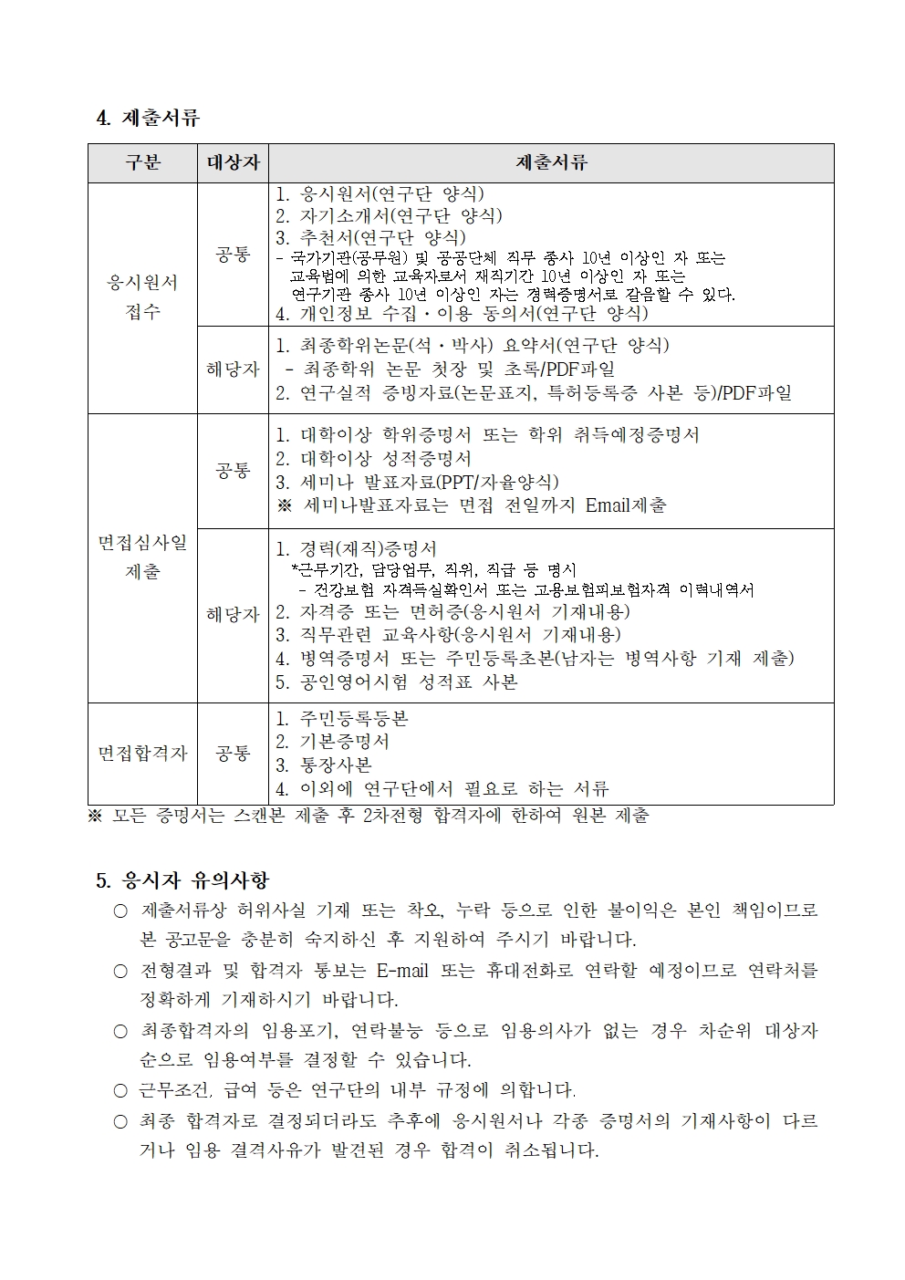 4. 제출서류 구분 대상자 제출서류 응시원서 접수 공통 1. 응시원서(연구단 양식) 2. 자기소개서(연구단 양식) 3. 추천서(연구단 양식) - 국가기관(공무원) 및 공공단체 직무 종사 10년 이상인 자 또는   교육법에 의한 교육자로서 재직기간 10년 이상인 자 또는   연구기관 종사 10년 이상인 자는 경력증명서로 갈음할 수 있다. 4. 개인정보 수집·이용 동의서(연구단 양식) 해당자 1. 최종학위논문(석·박사) 요약서(연구단 양식)  - 최종학위 논문 첫장 및 초록/PDF파일 2. 연구실적 증빙자료(논문표지, 특허등록증 사본 등)/PDF파일 면접심사일  제출 공통 1. 대학이상 학위증명서 또는 학위 취득예정증명서 2. 대학이상 성적증명서 3. 세미나 발표자료(PPT/자율양식) ※ 세미나발표자료는 면접 전일까지 Email제출 해당자 1. 경력(재직)증명서   *근무기간, 담당업무, 직위, 직급 등 명시    - 건강보험 자격득실확인서 또는 고용보험피보험자격 이력내역서 2. 자격증 또는 면허증(응시원서 기재내용) 3. 직무관련 교육사항(응시원서 기재내용) 4. 병역증명서 또는 주민등록초본(남자는 병역사항 기재 제출) 5. 공인영어시험 성적표 사본 면접합격자 공통 주민등록등본 기본증명서 통장사본 이외에 연구단에서 필요로 하는 서류 ※ 모든 증명서는 스캔본 제출 후 2차전형 합격자에 한하여 원본 제출 5. 응시자 유의사항    〇 제출서류상 허위사실 기재 또는 착오, 누락 등으로 인한 불이익은 본인 책임이므로 본 공고문을 충분히 숙지하신 후 지원하여 주시기 바랍니다.    〇 전형결과 및 합격자 통보는 E-mail 또는 휴대전화로 연락할 예정이므로 연락처를 정확하게 기재하시기 바랍니다.    〇 최종합격자의 임용포기, 연락불능 등으로 임용의사가 없는 경우 차순위 대상자 순으로 임용여부를 결정할 수 있습니다.    〇 근무조건, 급여 등은 연구단의 내부 규정에 의합니다.    〇 최종 합격자로 결정되더라도 추후에 응시원서나 각종 증명서의 기재사항이 다르거나 임용 결격사유가 발견된 경우 합격이 취소됩니다.  