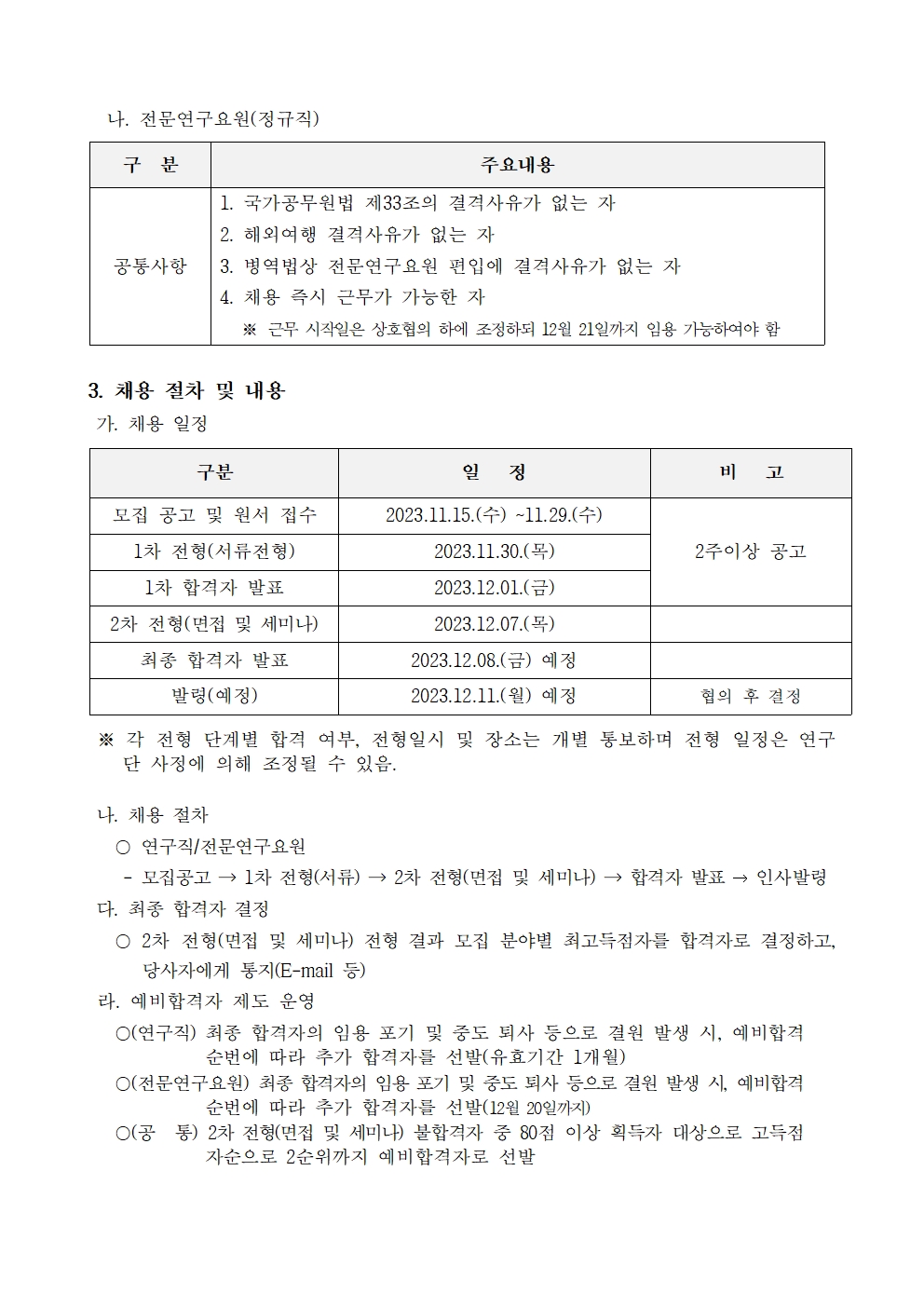 나. 전문연구요원(정규직) 구분 주요내용 공통사항 1. 국가공무원법 제33조의 결격사유가 없는 자 2. 해외여행 결격사유가 없는 자 3. 병역법상 전문연구요원 편입에 결격사유가 없는 자 4. 채용 즉시 근무가 가능한 자 ※ 근무시작일은 상호협의 하에 조정하되 12월 21일까지 임용 가능하여야 함 3. 채용 절차 및 내용 가. 채용 일정 구분 일정 비 고 모집 공고 및 원서 접수 2023.11.15.(4) -11.29.(4) 1차 전형(서류전형) 2023.11.30.(목) 2주이상 공고 1차 합격자 발표 2023.12.01.() 2차 전형(면접 및 세미나) 2023.12.07.() 최종 합격자 발표 발령(예정) 2023.12.08.(금) 예정 202.12.11.(월) 예정 협의 후 결정 ※ 각 전형 단계별 합격 여부, 전형일시 및 장소는 개별 통보하며 전형 일정은 연구 단 사정에 의해 조정될 수 있음. 나. 채용 절차 ○ 연구직/전문연구요원 모집공고→ 1차 전형(서류)→ 2차 전형(면접 및 세미나) → 합격자 발표 → 인사발령 다. 최종 합격자 결정 ○ 2차 전형(면접 및 세미나) 전형 결과 모집 분야별 최고득점자를 합격자로 결정하고, 당사자에게 통지(E-mail 등) 라. 예비합격자 제도 운영 (연구직) 최종 합격자의 임용 포기 및 중도 퇴사 등으로 결원 발생 시, 예비합격 순번에 따라 추가 합격자를 선발(유효기간 1개월) (전문연구요원) 최종 합격자의 임용 포기 및 중도 퇴사 등으로 결원 발생 시, 예비합격 순번에 따라 추가 합격자를 선발(12월 20일까지) (공통) 2차 전형(면접 및 세미나) 불합격자 중 80점 이상 획득자 대상으로 고득점 자순으로 2순위까지 예비합격자로 선발