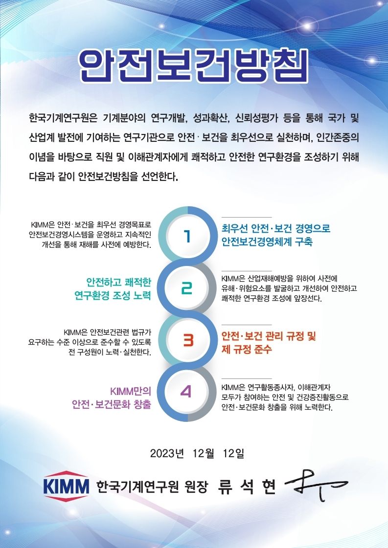 안전보건방침 한국기계연구원은 기계분야의 연구개발, 성과확산, 신뢰성평가 등을 통해 국가 및 산업계 발전에 기여하는 연구기관으로 안전·보건을 최우선으로 실천하며, 인간존중의 이념을 바탕으로 직원 및 이해관계자에게 쾌적하고 안전한 연구환경을 조성하기 위해 다음과 같이 안전보건방침을 선언한다. 1. KIMM은 안전·보건을 최우선 경영목표로 안전보건경영시스템을 운영하고 지속적인 개선을 통해 재해를 사전에 예방한다. 최우선 안전·보건 경영으로 안전보건경영체계 구축 2. 안전하고 쾌적한 연구환경 조성 노력 KIMM은 산업재해예방을 위하여 사전에 유해·위험요소를 발굴하고 개선하여 안전하고 쾌적한 연구환경 조성에 앞장선다. 3. KIMM은 안전보건관련 법규가 요구하는 수준 이상으로 준수할 수 있도록 전 구성원이 노력·실천한다.안전·보건 관리 규정 및 제 규정 준수 4. KIMM만의 안전·보건문화 창출 KIMM은 연구활동종사자, 이해관계자 모두가 참여하는 안전 및 건강증진활동으로 안전·보건문화 창출을 위해 노력한다. 2023년 12월 12일 KIMM 한국기계연구원 원장 류 석 현