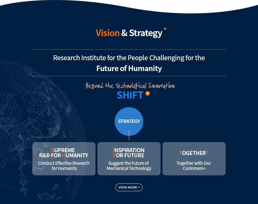 [Vision & Strategy]Research Institute for the People Challenging for the 
Future of Humanity
Beyond the Technological Innovation
SHIFT+
[Strategy]
Supreme R&D For Humanity - Conduct Effective Research for Humanity
Inspiration For future - Suggest the Future of Mechanical Technology
Together+ - Together with Our Customers+