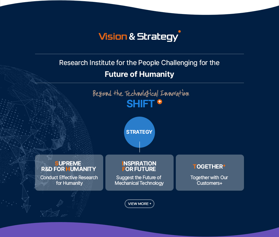 [Vision & Strategy]Research Institute for the People Challenging for the 
Future of Humanity
Beyond the Technological Innovation
SHIFT+
[Strategy]
Supreme R&D For Humanity - Conduct Effective Research for Humanity
Inspiration For future - Suggest the Future of Mechanical Technology
Together+ - Together with Our Customers+